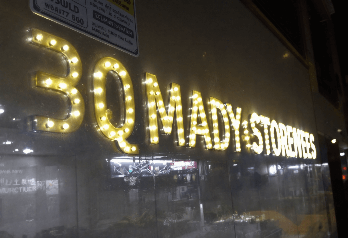 Lettres d’enseigne lumineuses visibles de nuit.